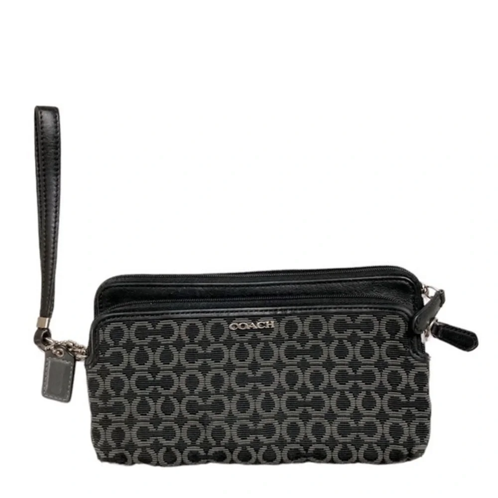 Coach black gray op c double zipper wristlet clutch bag